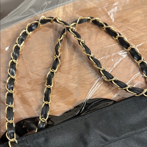 Authentic Chanel Black Tote, Gold Chain Handles Black on Black Sequin CC Logos - Picture 5 of 12